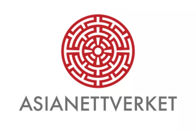 Logo of Asianettverket with a red circle-shaped ornament. Graphic.
