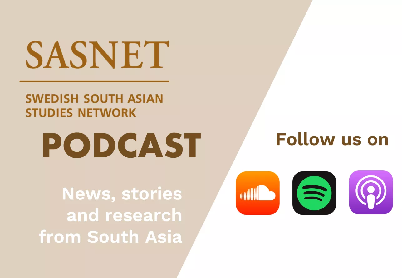Advertisement to follow the SASNET podcast on Soundcloud, Spotify and Apple Podcasts with white and brown background. Poster.