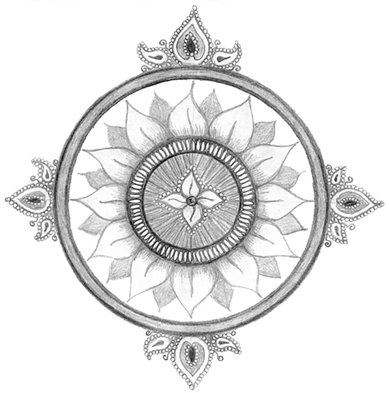 Round Chakra journal logo in black and white. Graphic.