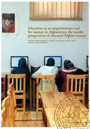 Cover page of report by Maliha Shir Mohammed showing girls sitting in front of computer. Photo.