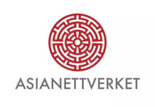 Logo of Asianettverket with a red circle-shaped ornament. Graphic.