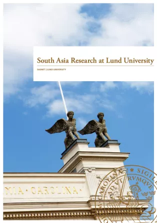 Cover image of report by Annie-Elina Vänskä showing roof of main building of Lund University with two winged statues in front of blue sky. Photo.