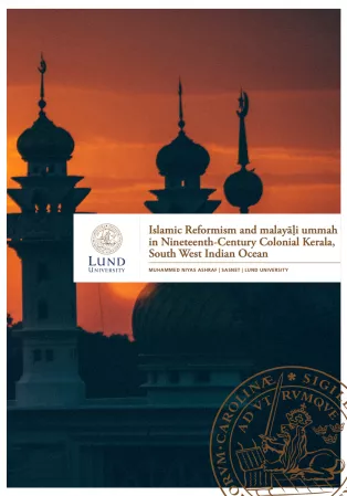 Cover page for report by Muhammed Niyas Ashraf showing mosque in front of orange sky. Photo.